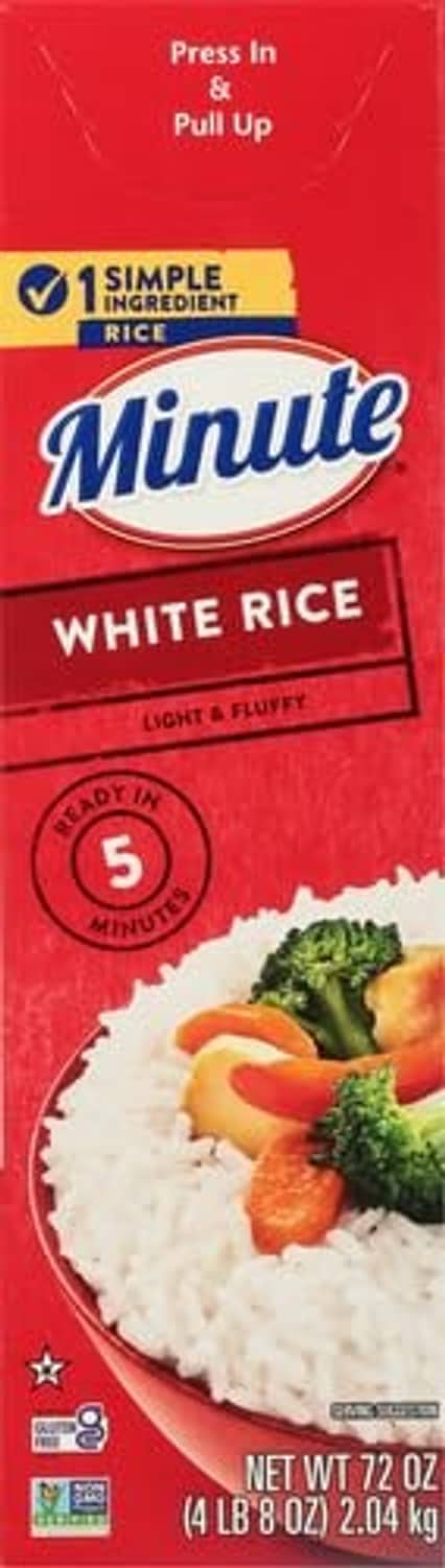 Minute instant white rice pouch, 72 oz; light and fluffy label on front