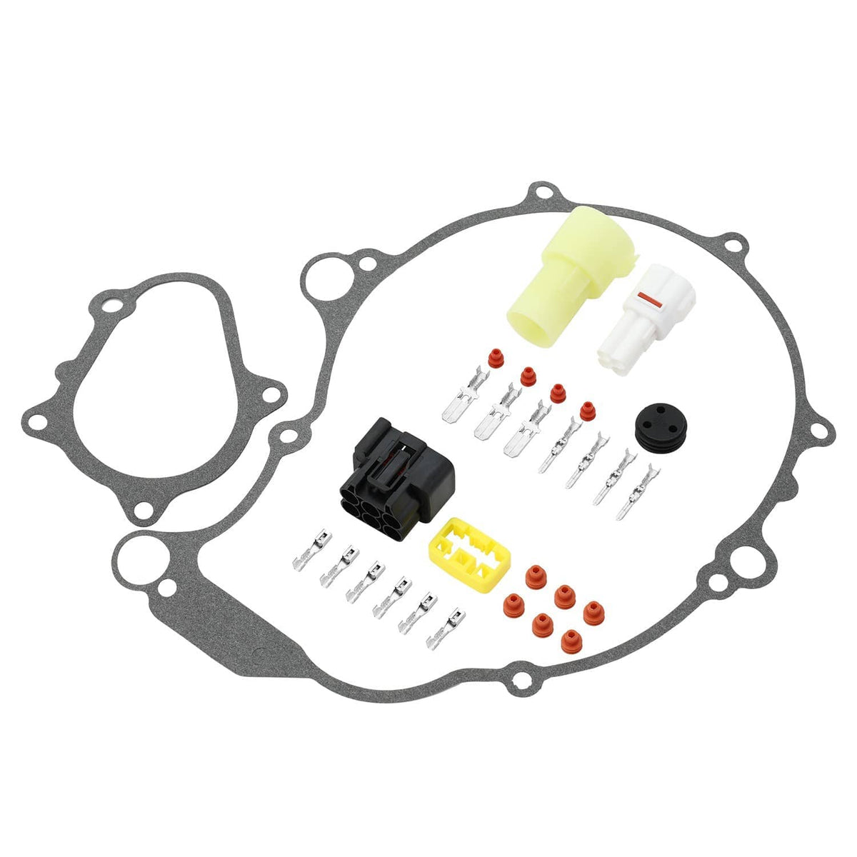 Motorcycle electrical parts kit with gaskets, connectors, and terminal pins
