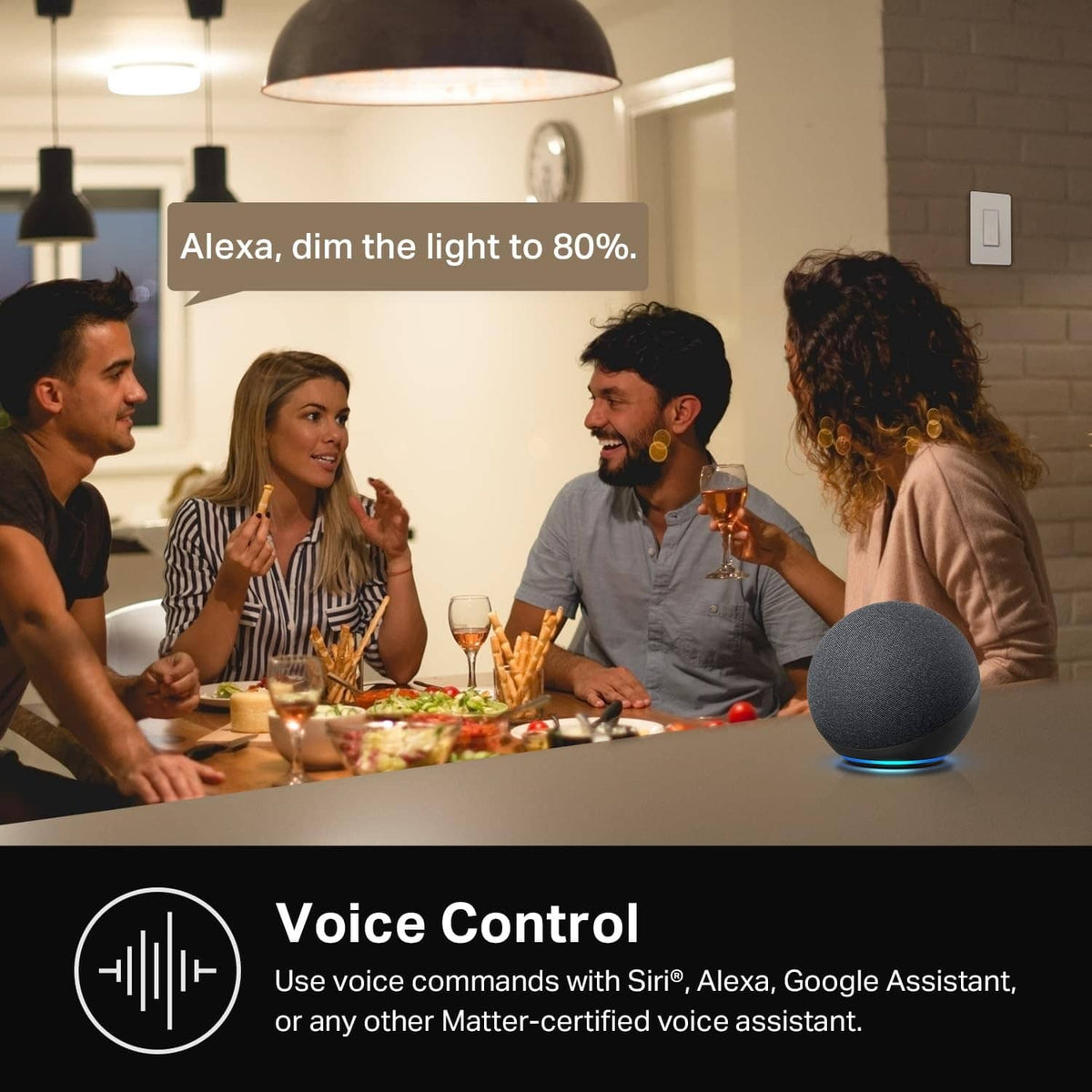 White single-pole smart light switch beside a smart speaker for voice control