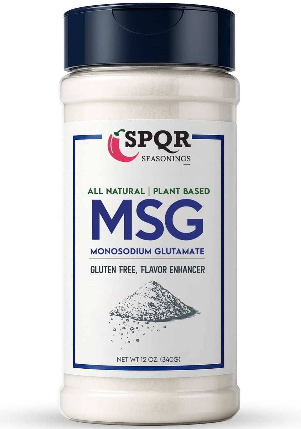 Plant-based MSG seasoning jar with black lid, 12 oz gluten-free flavor enhancer.