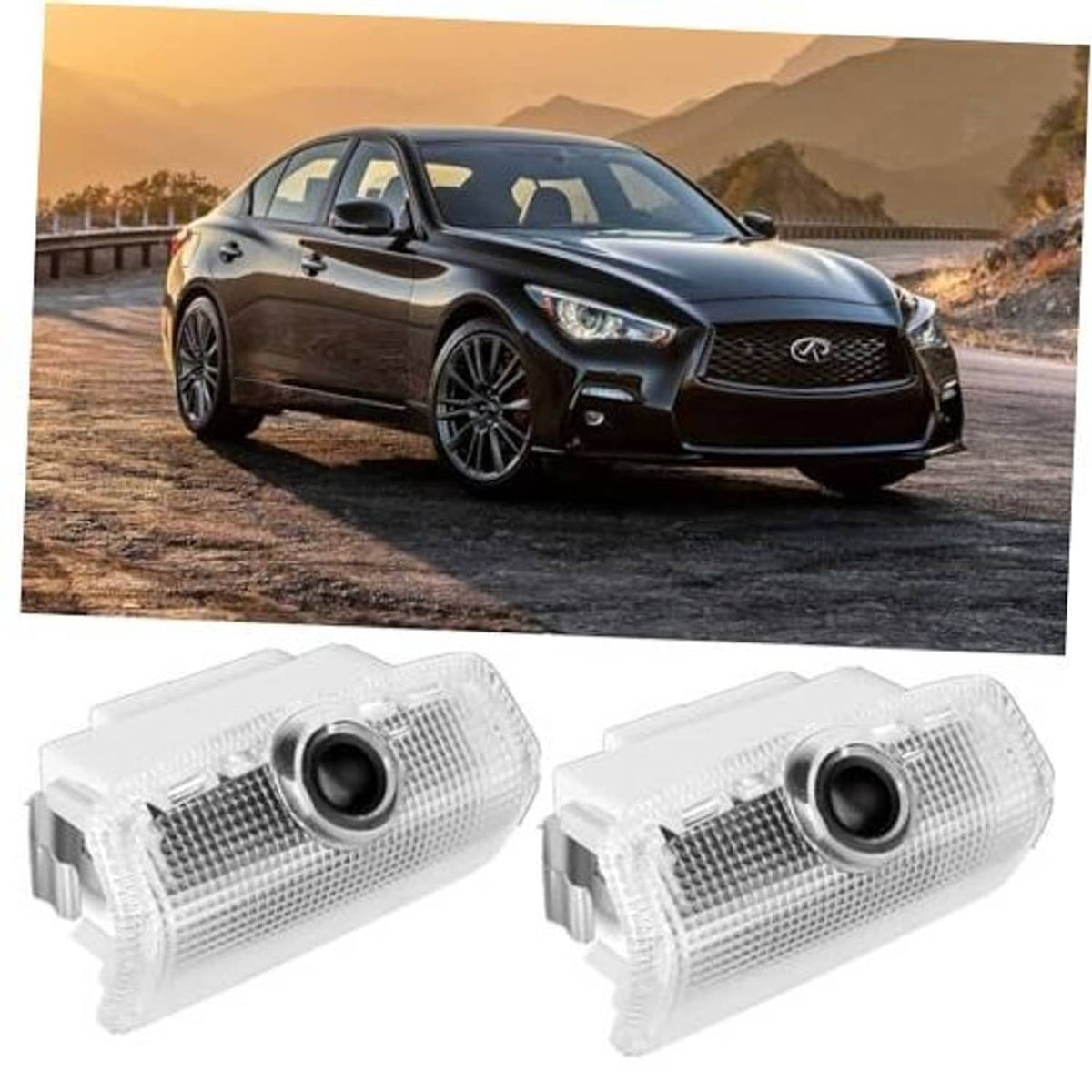 Pair of clear white LED car door logo lights, each with a round lamp lens