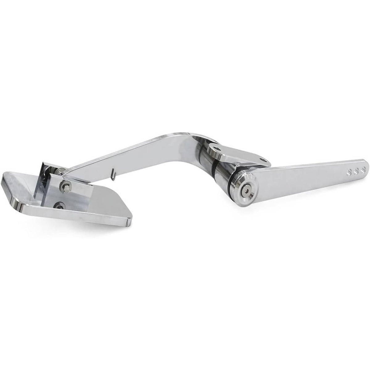 Polished aluminum gas pedal with long arm, bracket mounts, and round pivot assembly