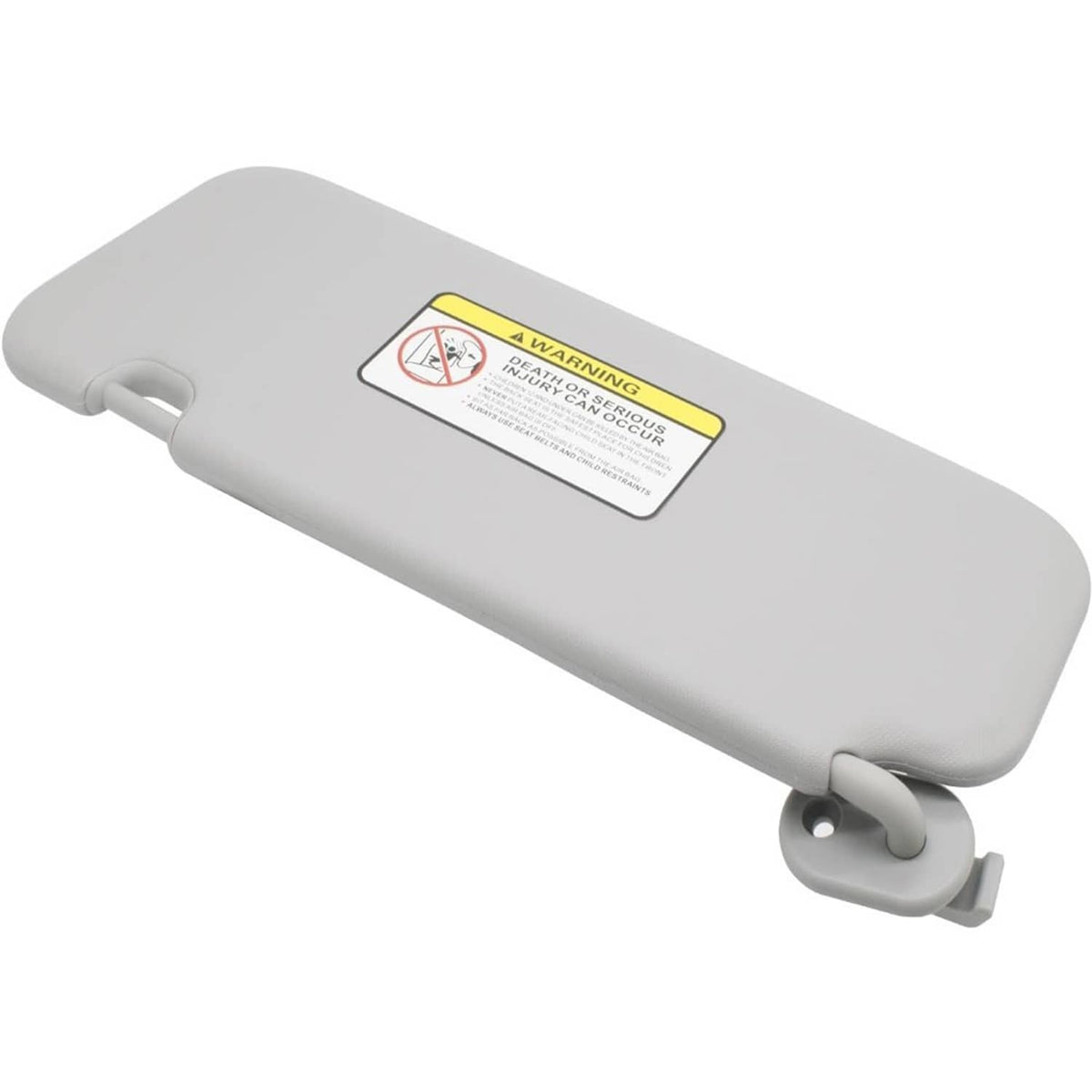 Gray sun visor with rectangular warning label and mounting clip bracket