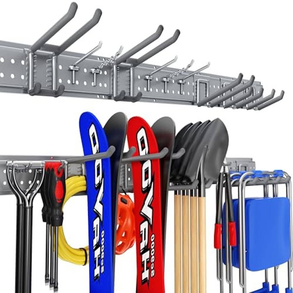 3-panel wall mount tool organizer with gray brackets and curved tool hooks