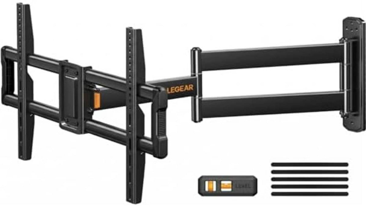 Black corner TV mount bracket with long arms, VESA plate, and mounting rails