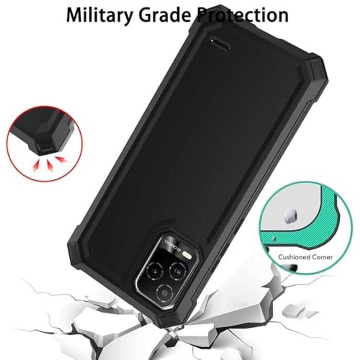 Military-style rugged phone case in black with raised camera area and protective corners