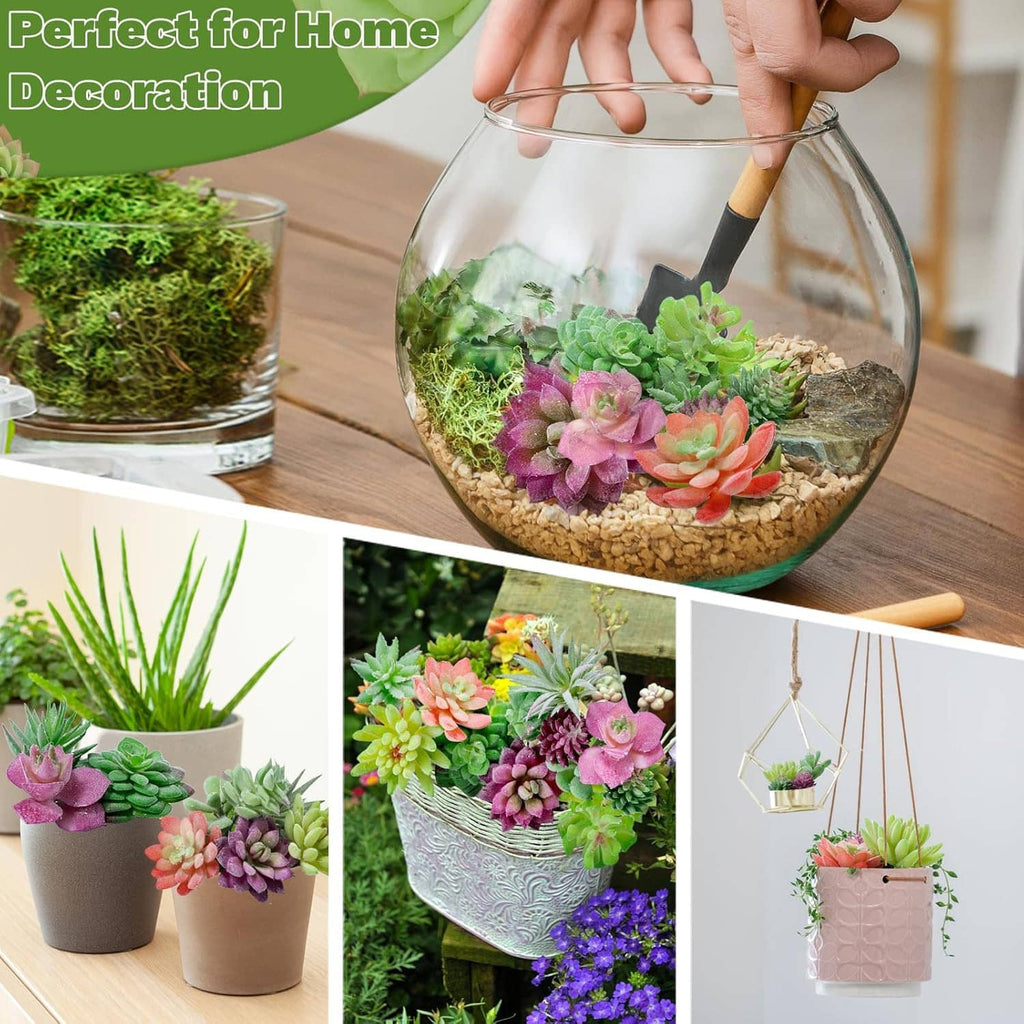 Mini artificial succulents used in a glass terrarium and small pots for home decor.