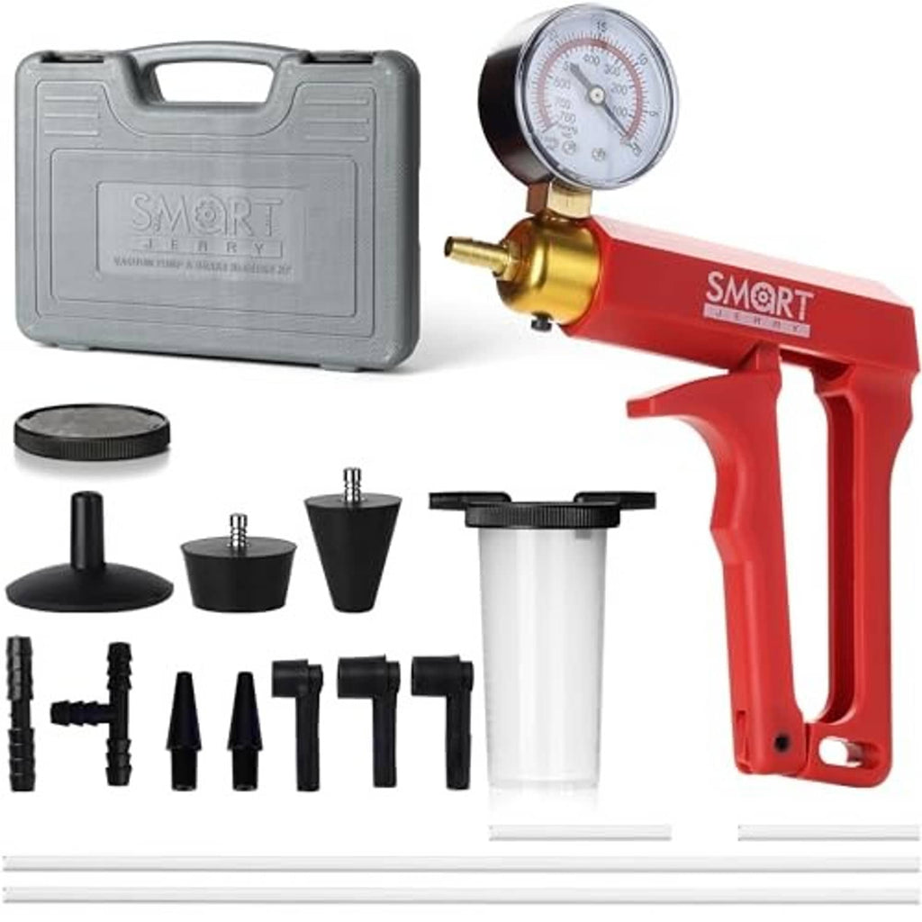Brake bleeder kit vacuum pump and pressure gauge with adapter cups and vacuum tubes