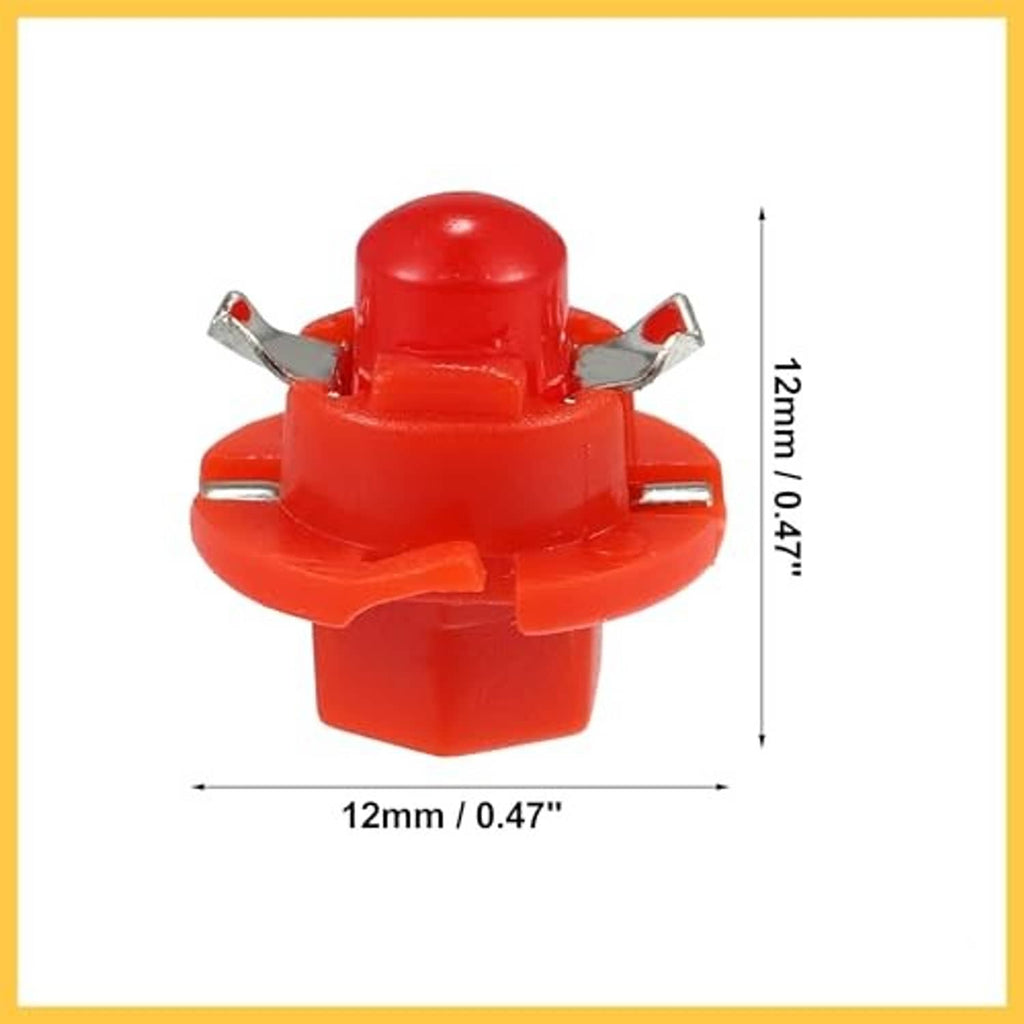 Red B8.4D LED dashboard bulb with silver metal pins and round red housing