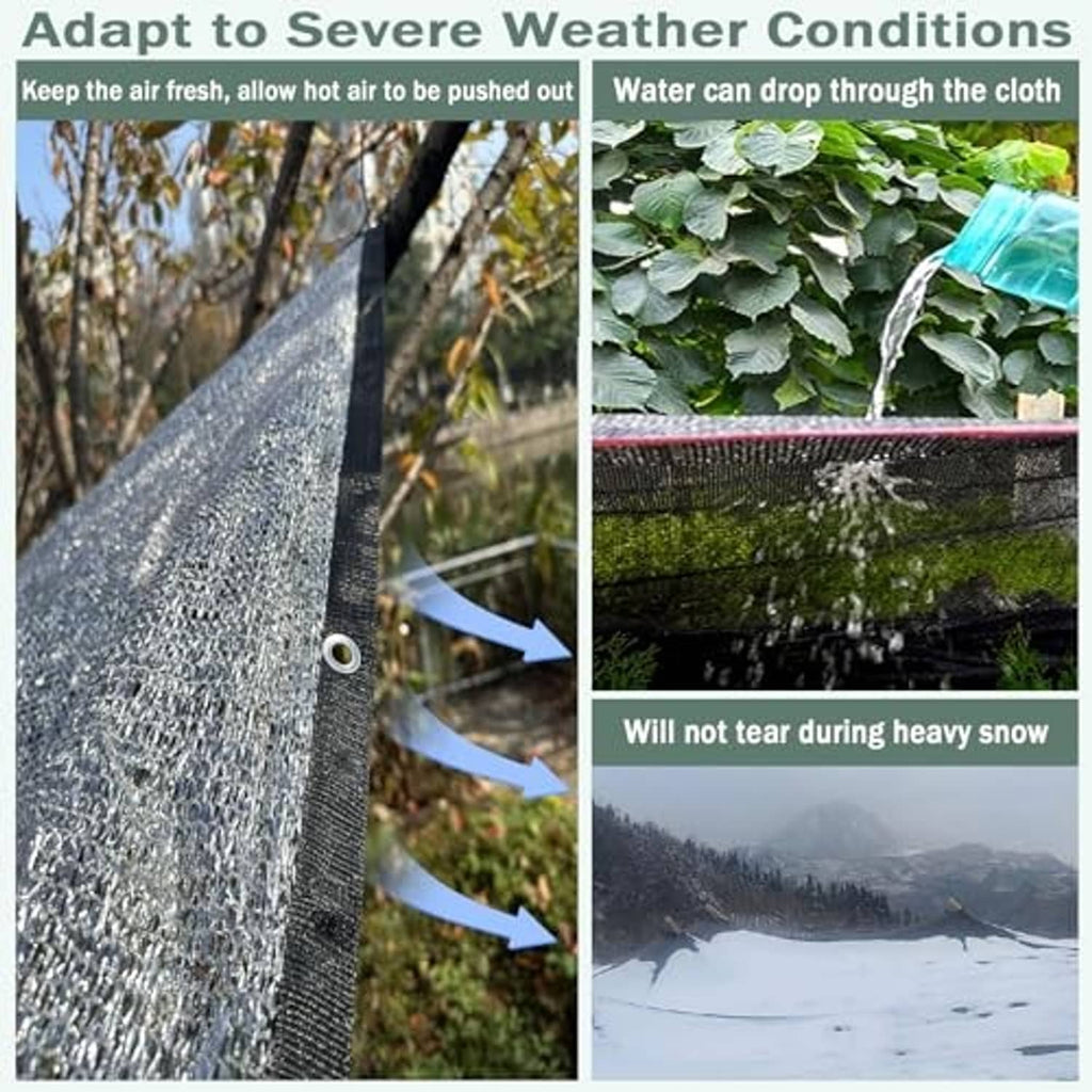 Aluminum shade cloth with grommeted edge showing breathable, water-draining mesh
