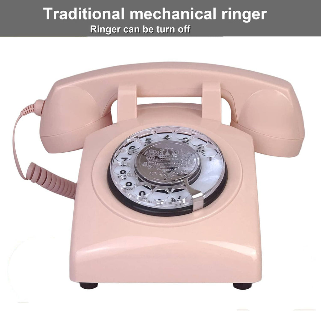 Pink rotary dial corded telephone front view with mechanical ringer style