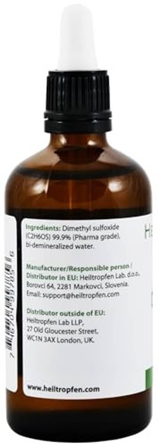 Amber DMSO ingredient bottle with white dropper, black cap, and back label