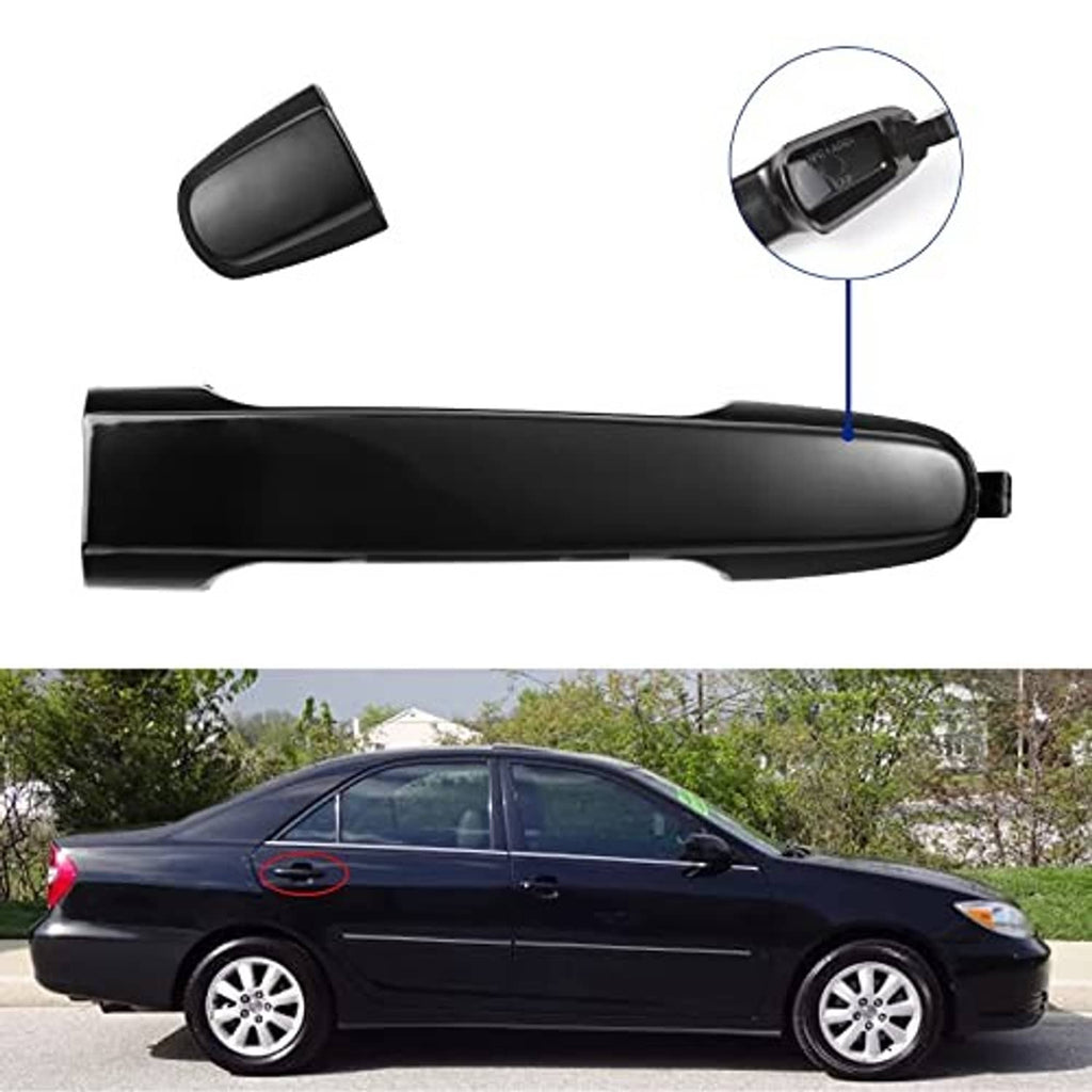 Exterior door handle with small inset showing mounting area; dark black finish.