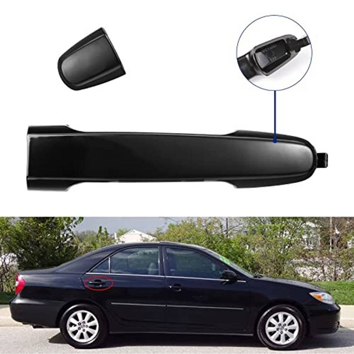 Exterior door handle with small inset showing mounting area; dark black finish.