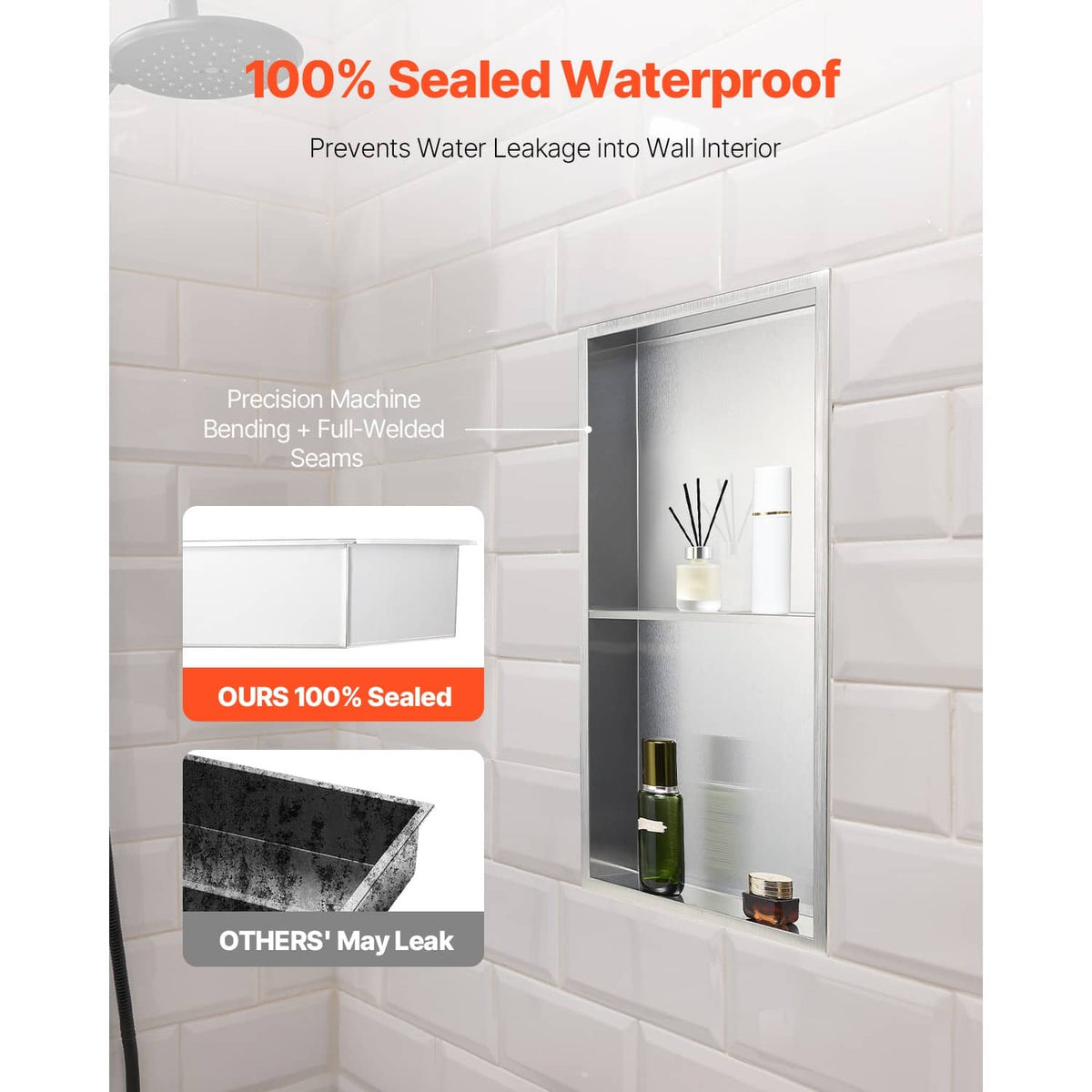 Recessed stainless steel shower niche shelf mounted in a tiled wall, double-layer