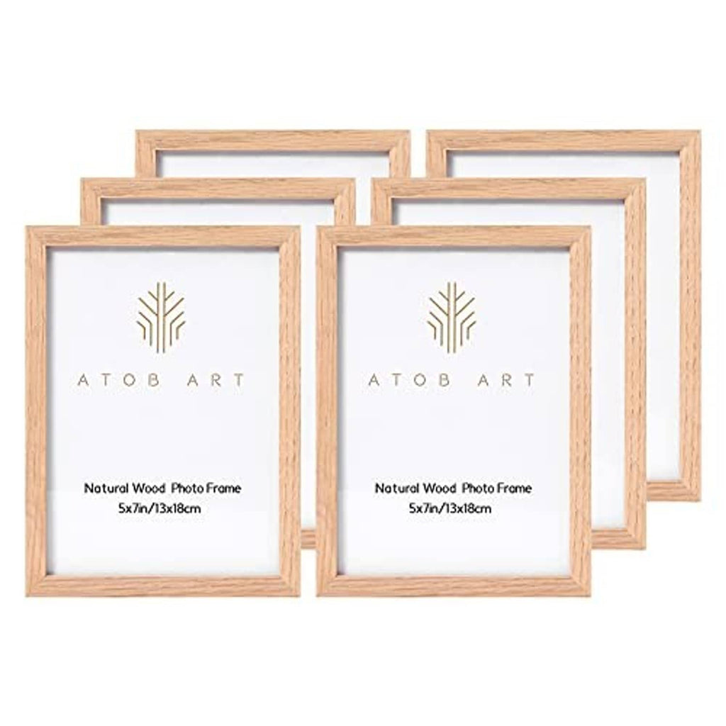 Natural oak wood 5x7 photo frames, five front views in a set