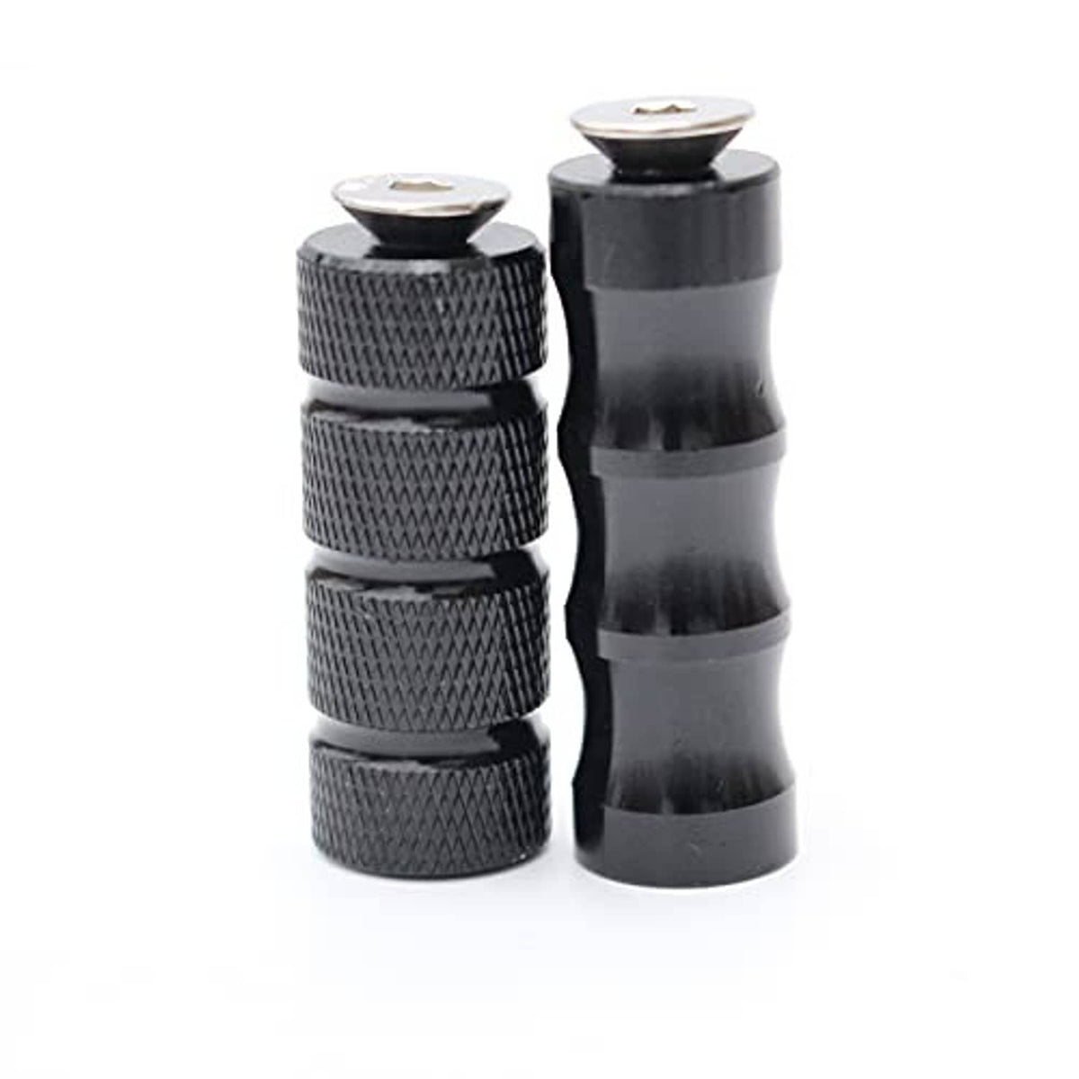 Pair of black knurled motorcycle foot pegs with mounting bolts