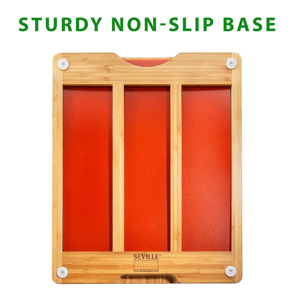 Bamboo cutting board with non-slip base and three-slot compartments for mats