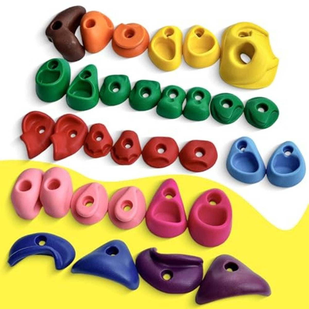 Plastic climbing holds set, multicolor rounded grips in mixed shapes