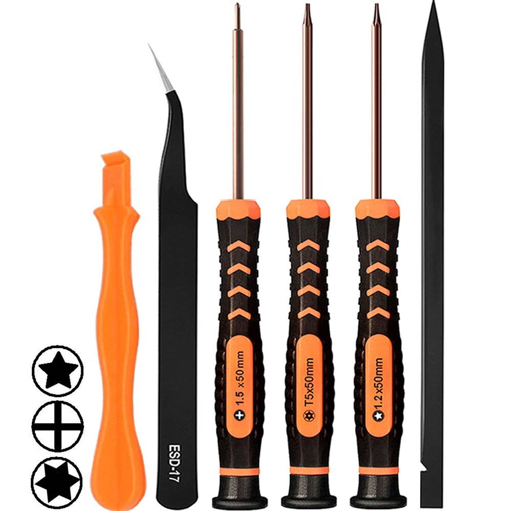 Orange-and-black precision screwdriver set with P5/T5/Phillips tips and thin pry tool