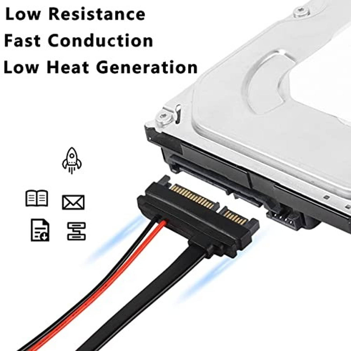 Slim SATA connector cable plug with gold contact pins on a black adapter housing