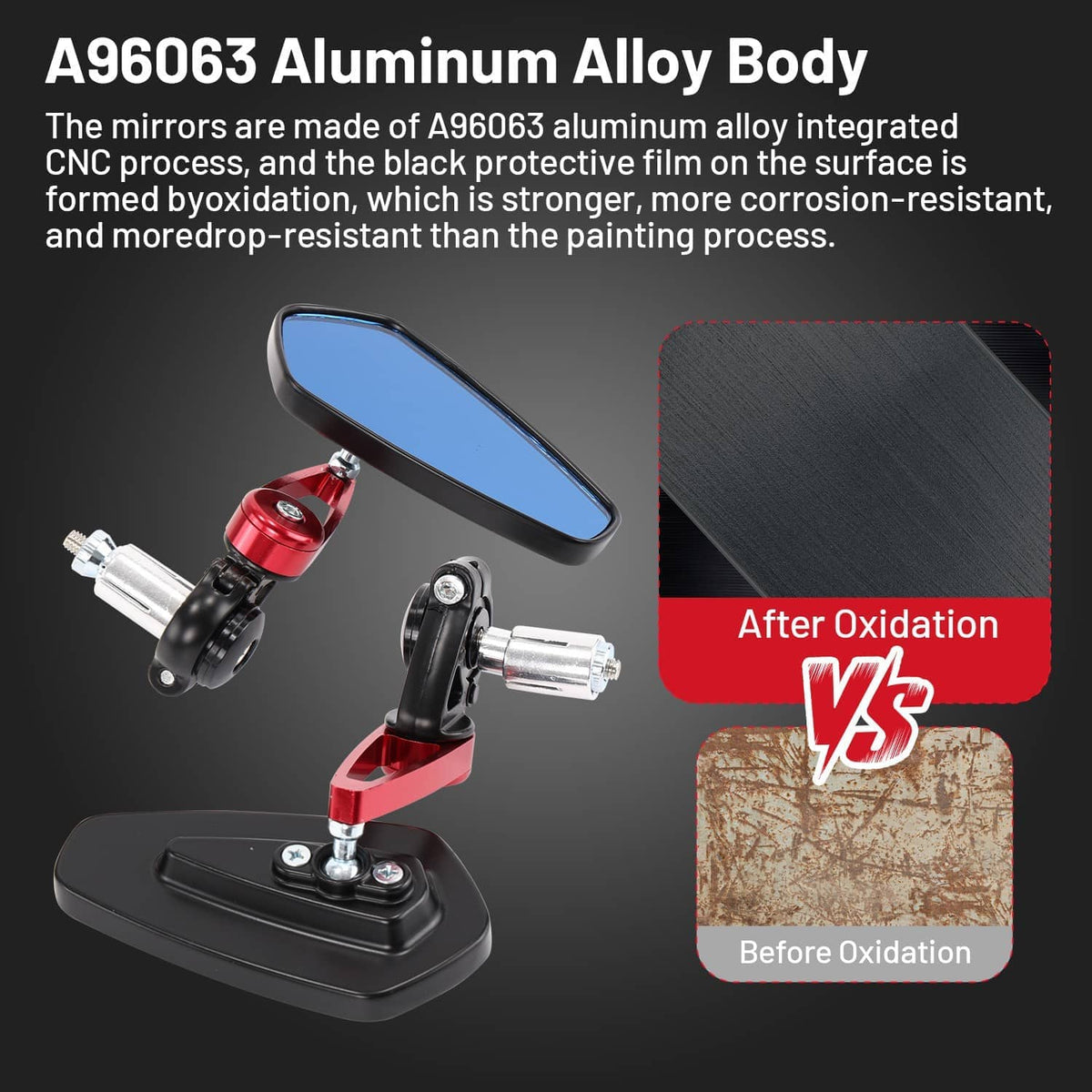 Universal handlebar end mirror set with blue lens; aluminum alloy body, red/black bracket