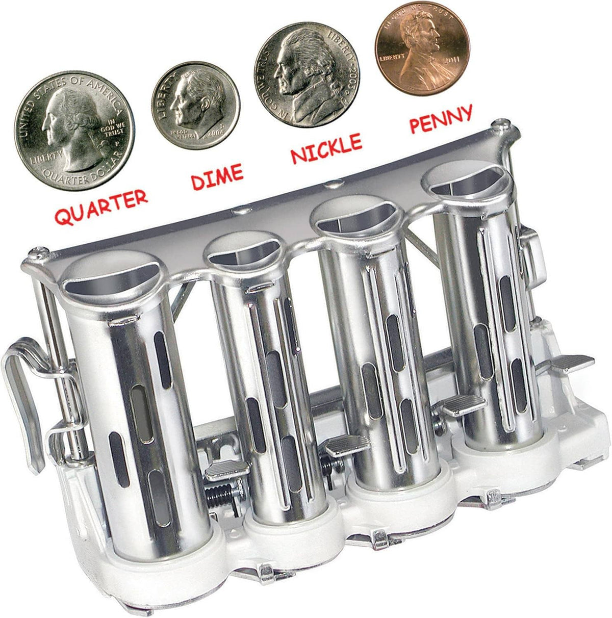 Four-barrel money changer with four coin tubes and US coins: quarter, dime, nickel, penny