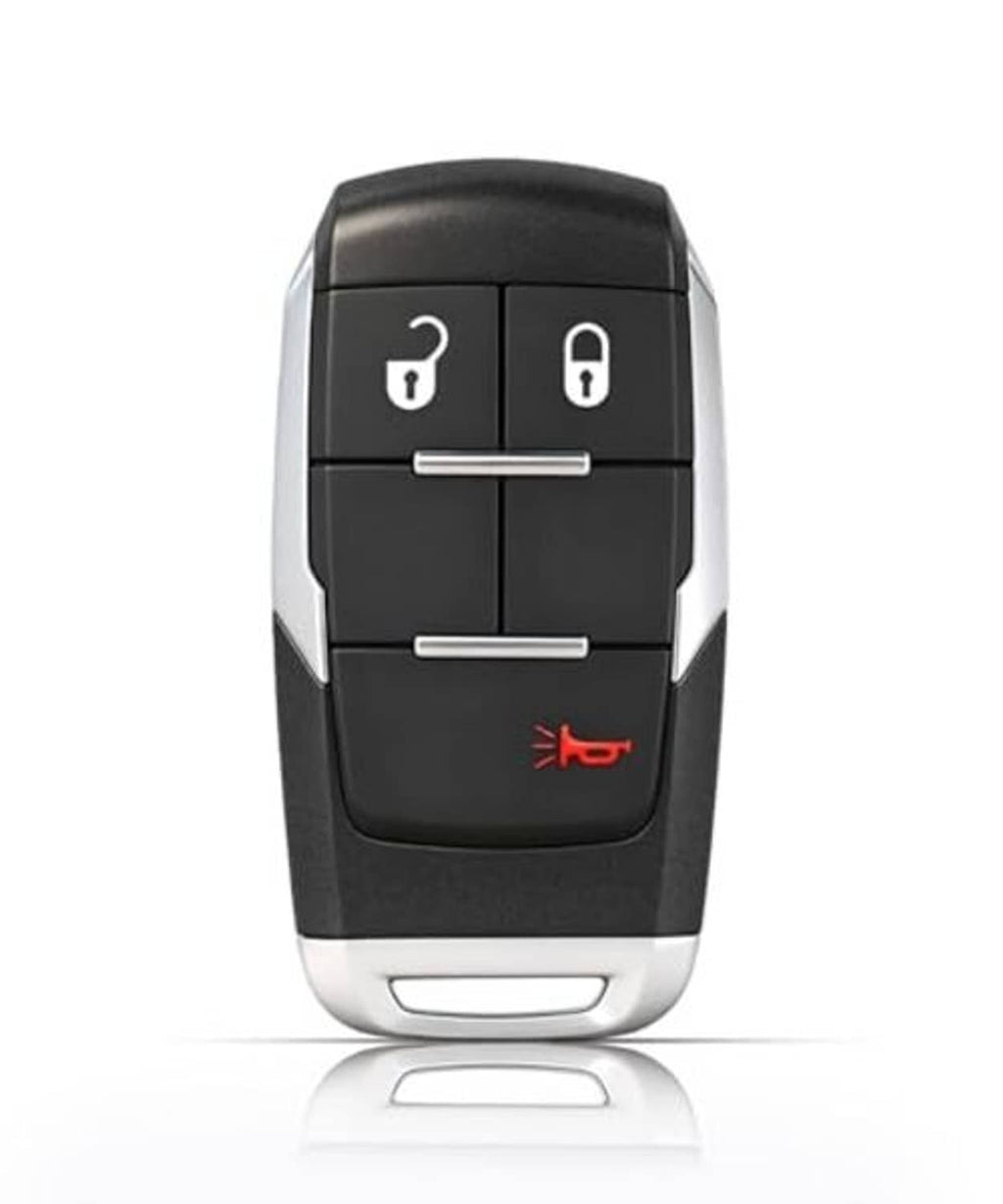 Black smart key fob with lock/unlock buttons, red logo, and silver keyless entry frame