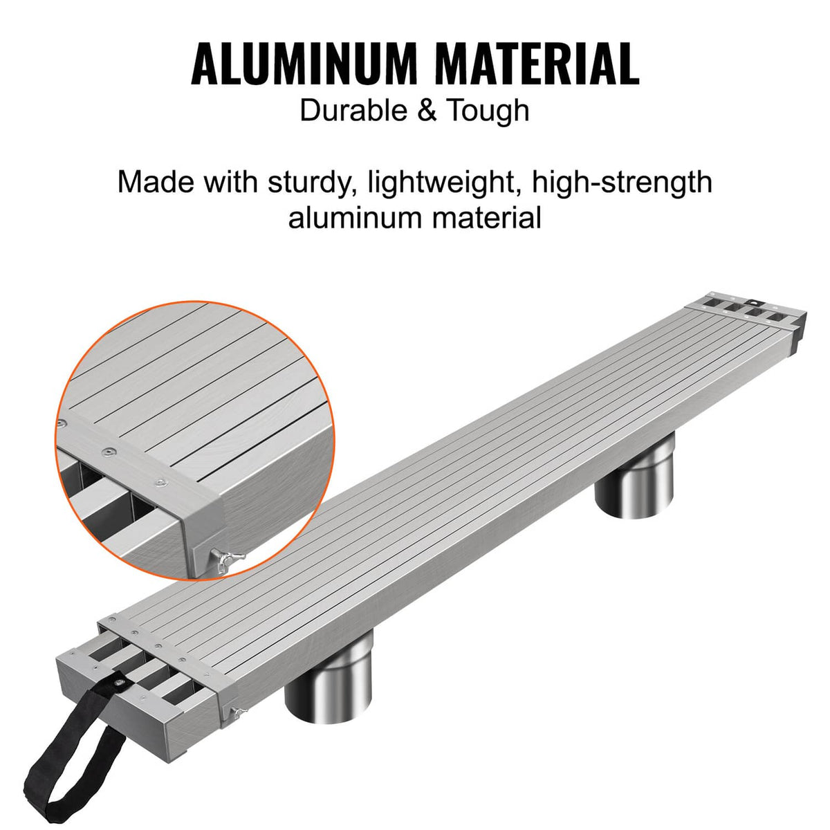 Aluminum scaffold plank end detail with black strap handle and textured traction surface