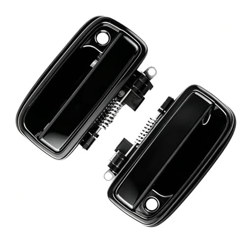 Black exterior door handle set with front and rear halves, mounting pins and springs.