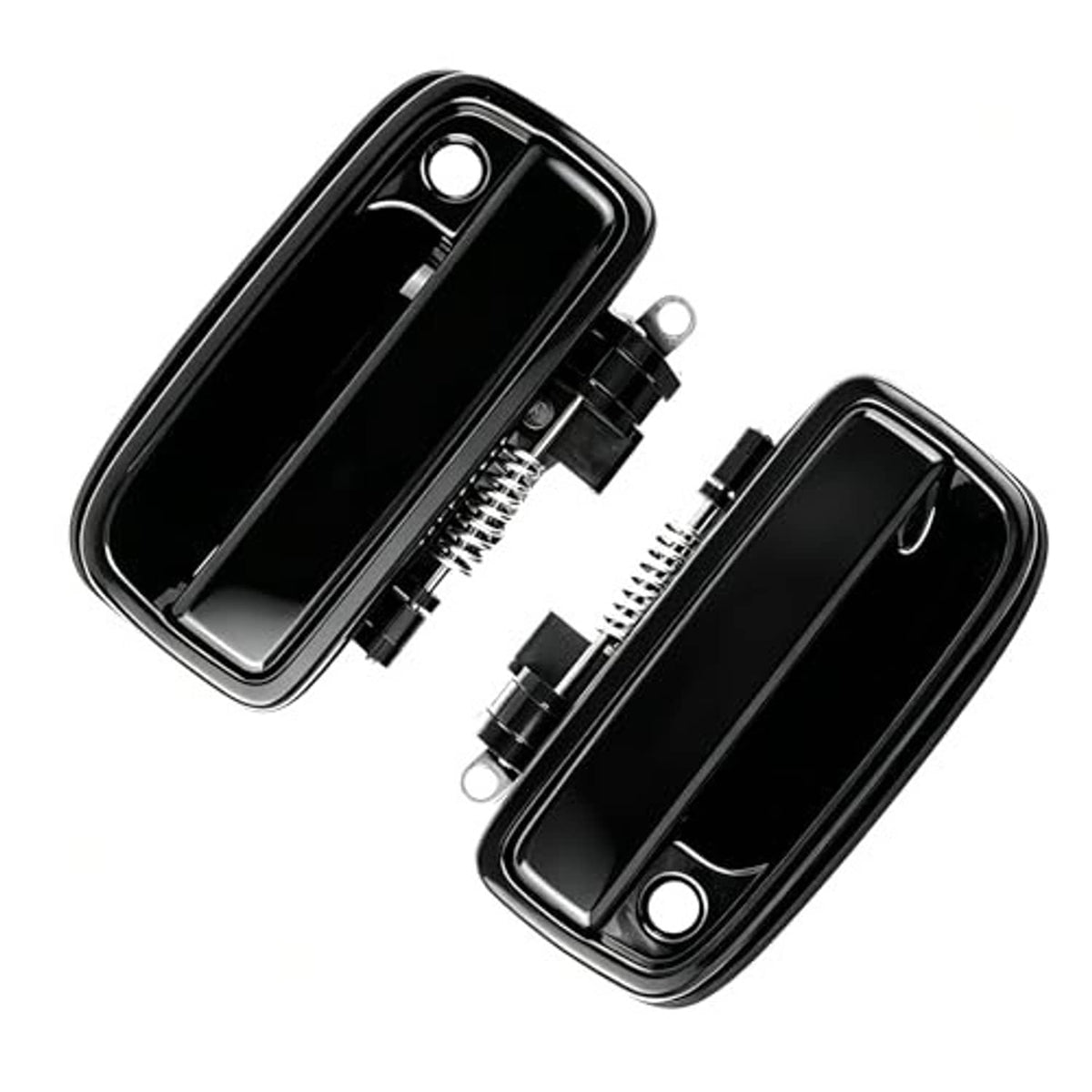 Black exterior door handle set with front and rear halves, mounting pins and springs.