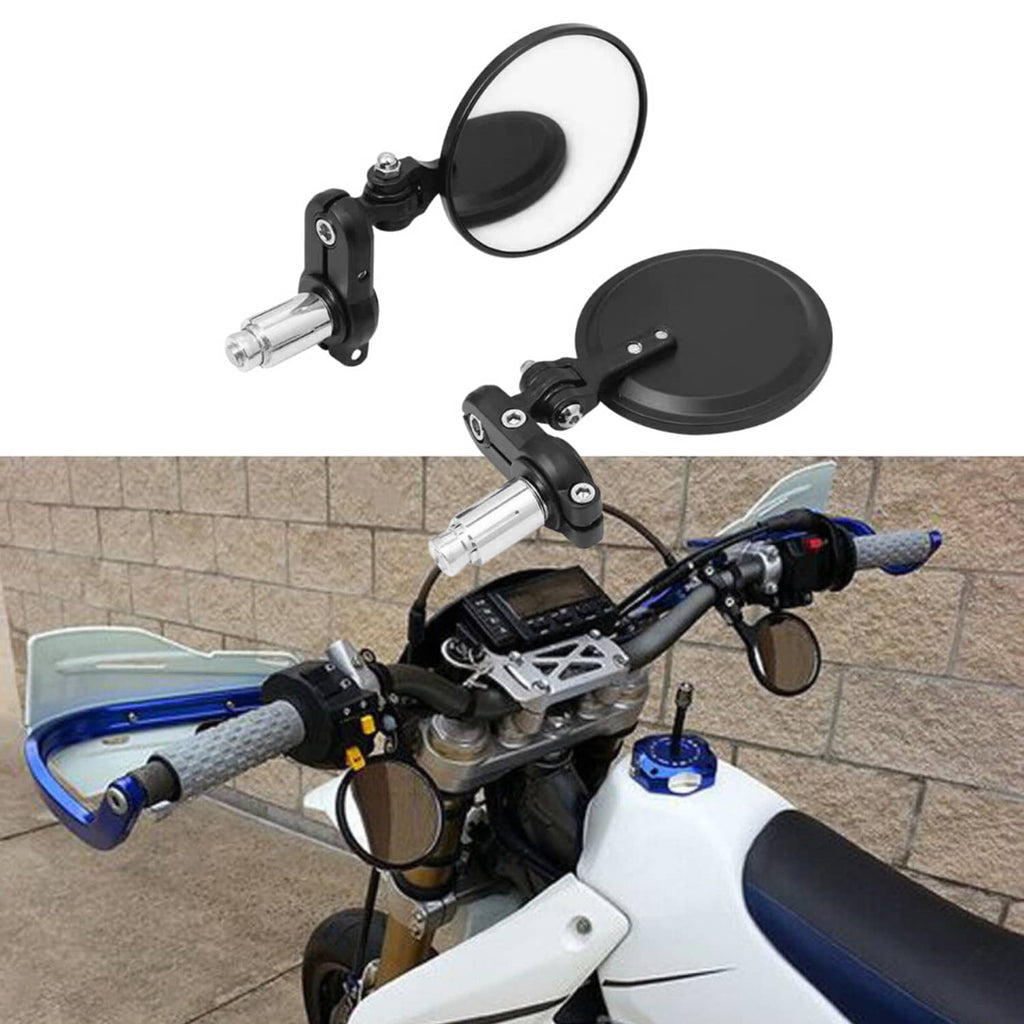 Pair of round bar-end mirrors mounted on motorcycle handlebars with black stems