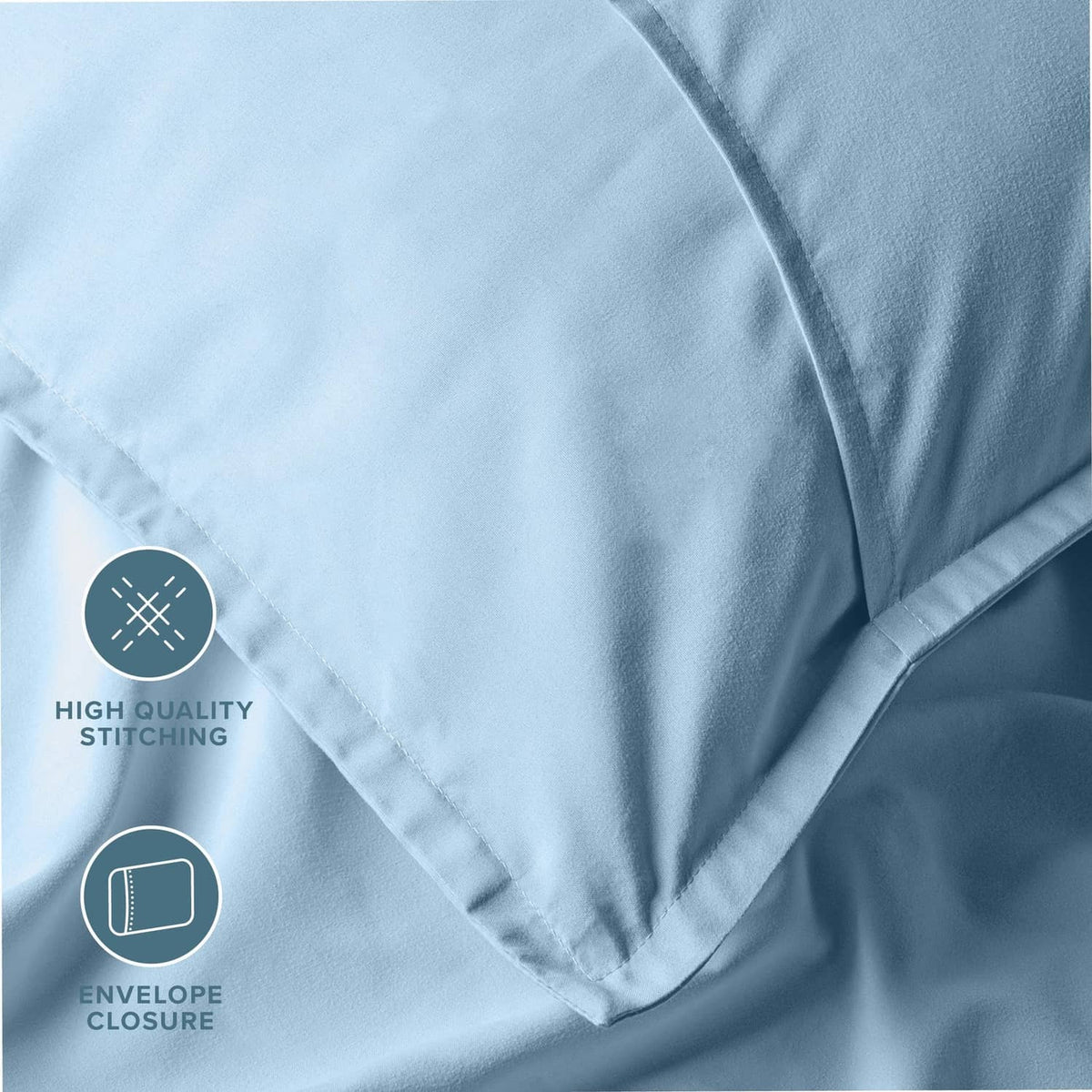 Light blue microfiber pillow sham with double-stitch seam and piped edges.