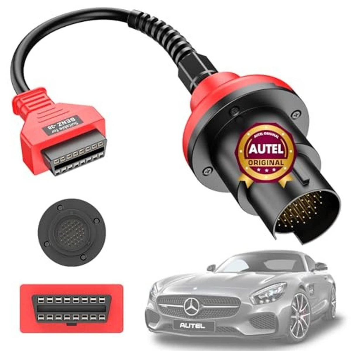 OBDII adapter cable with red 38-pin plug and black 16-pin socket, plus cap, AUTEL