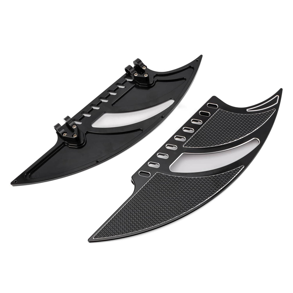 Front motorcycle floorboards set, black textured pads with silver insets and mounting rail