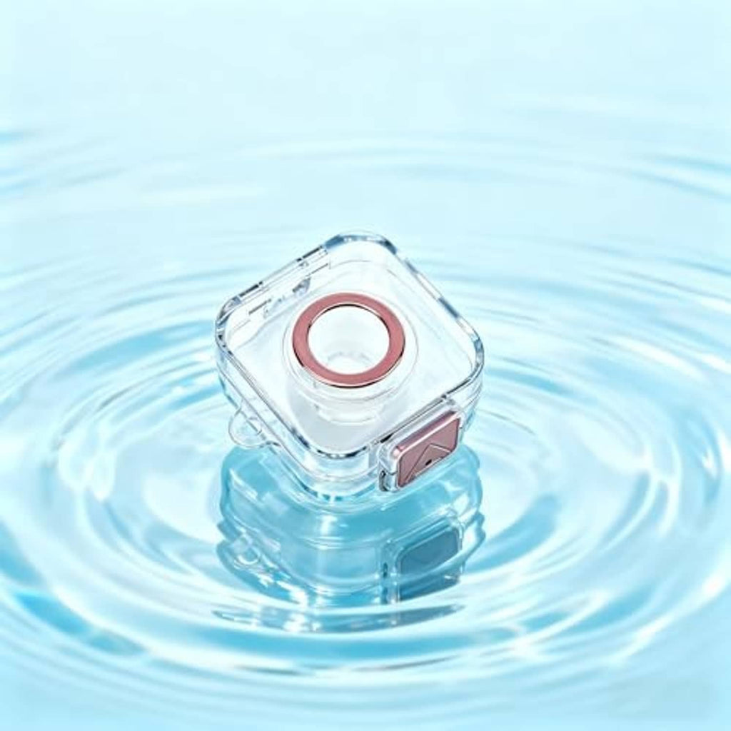 Clear square charger case floating over water, showing red charging contact inside