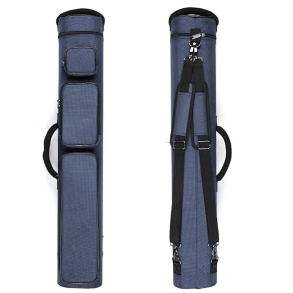 Blue nylon pool cue case with black-trimmed base, zip top, and carry straps
