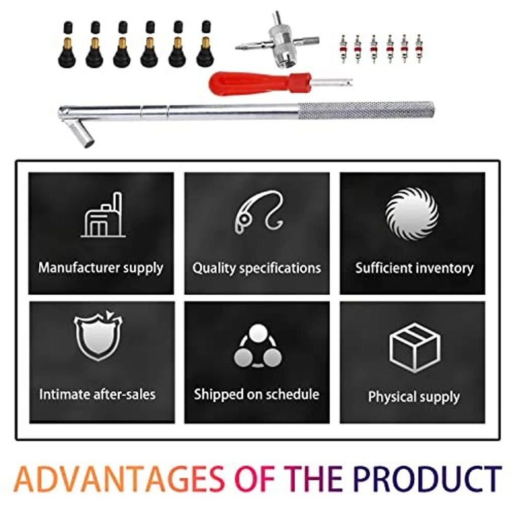 Tire valve stem tool kit showing long metal tool, red handle, and valve caps