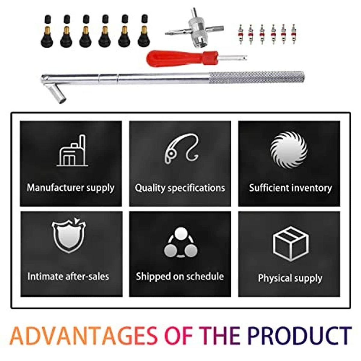 Tire valve stem tool kit showing long metal tool, red handle, and valve caps