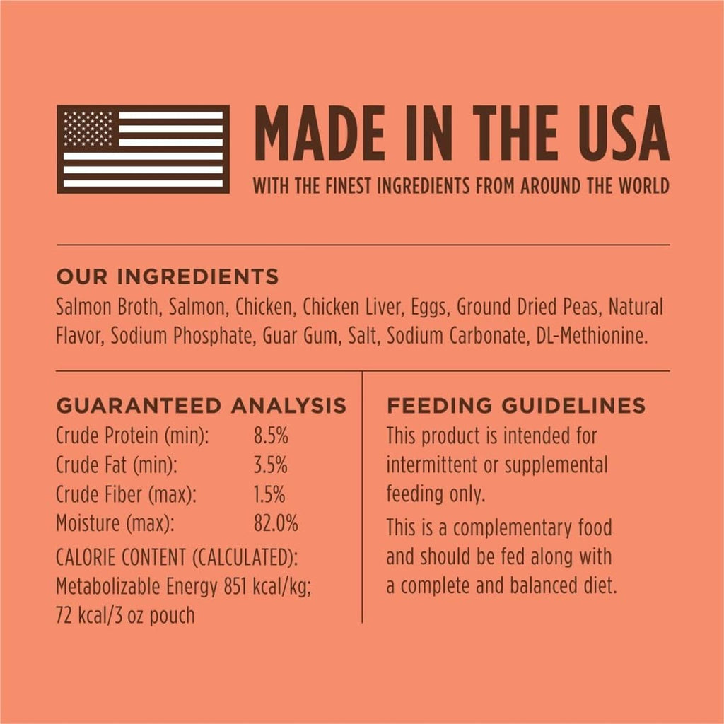 Grain-free salmon cat food topper label with Made in the USA and ingredient info