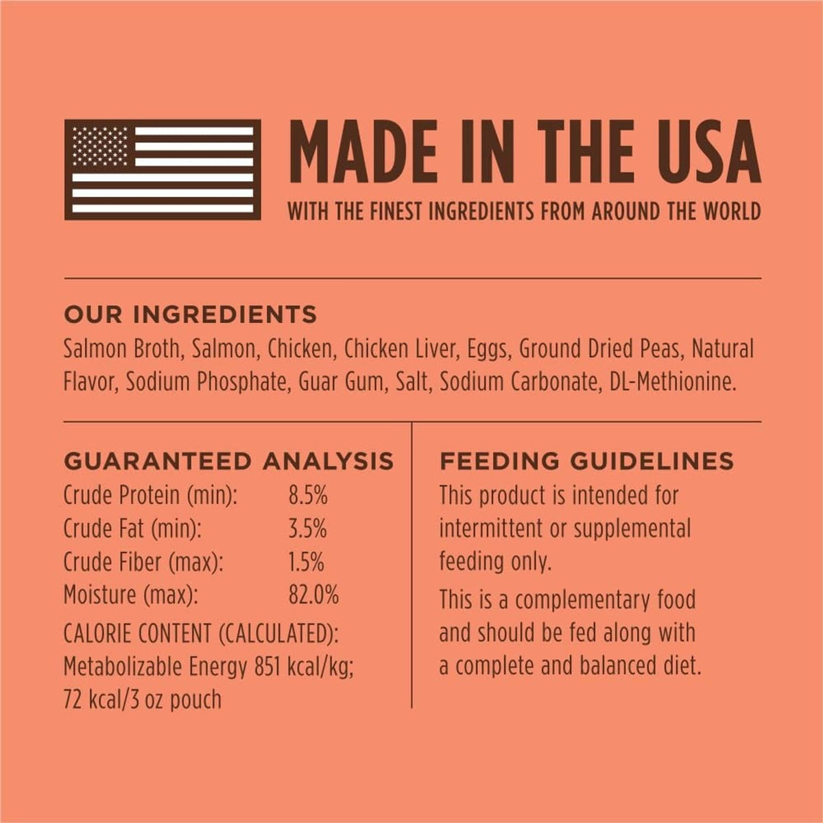 Grain-free salmon cat food topper label with Made in the USA and ingredient info