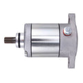 Starter motor assembly with drive shaft and mounting flange, silver metal body