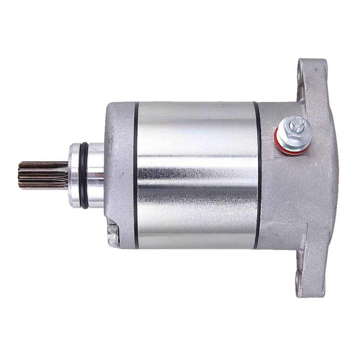 Starter motor assembly with drive shaft and mounting flange, silver metal body