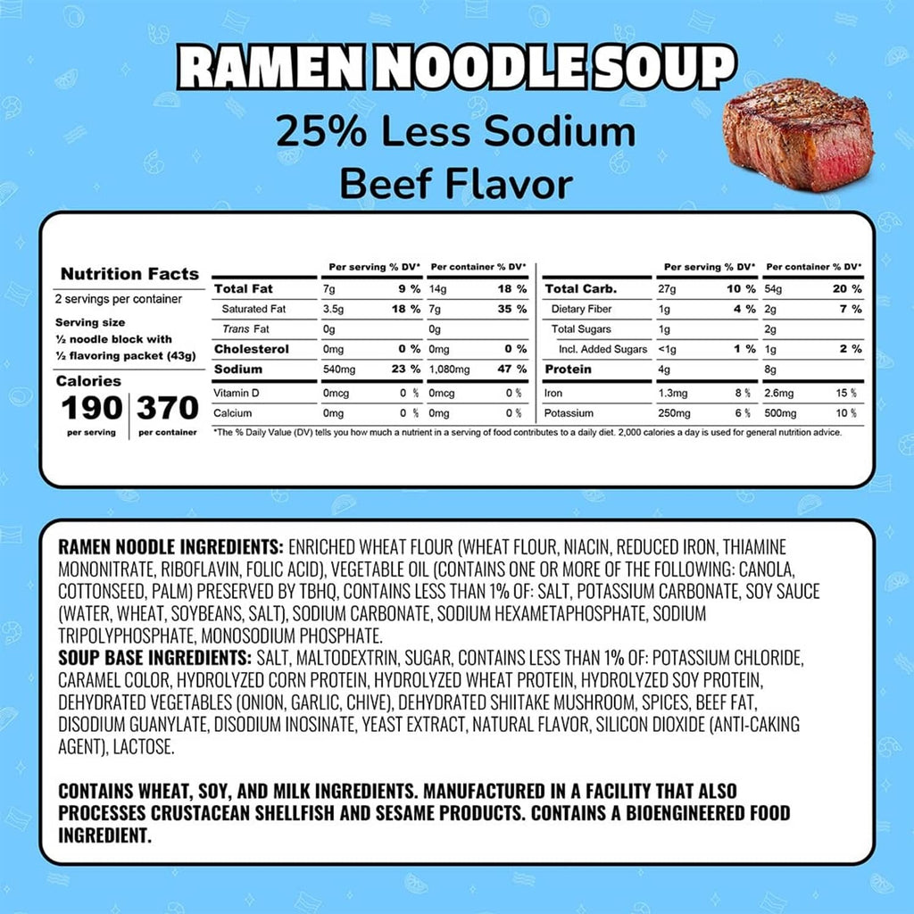 Maruchan ramen noodle soup nutrition facts, 25% less sodium beef flavor