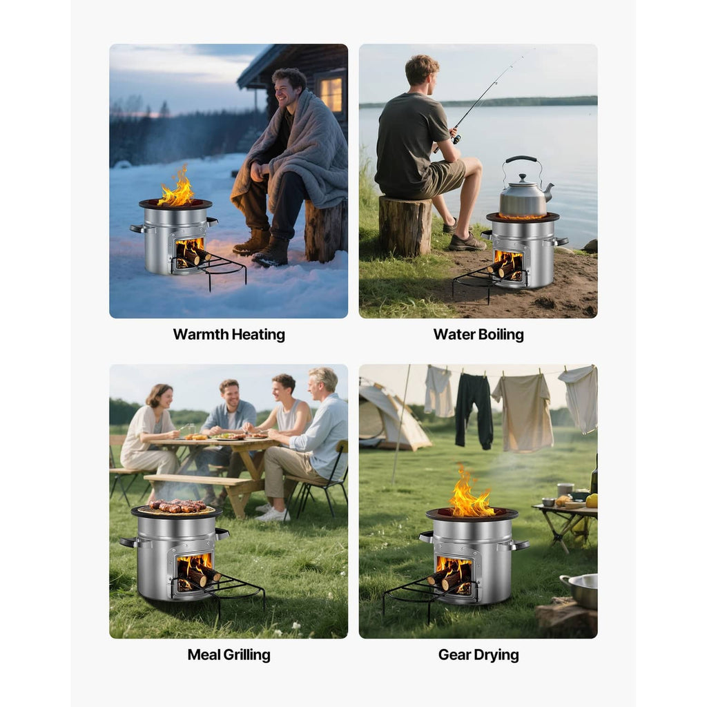 Portable rocket stove shown in outdoor scenes for cooking, warming, boiling, and grilling