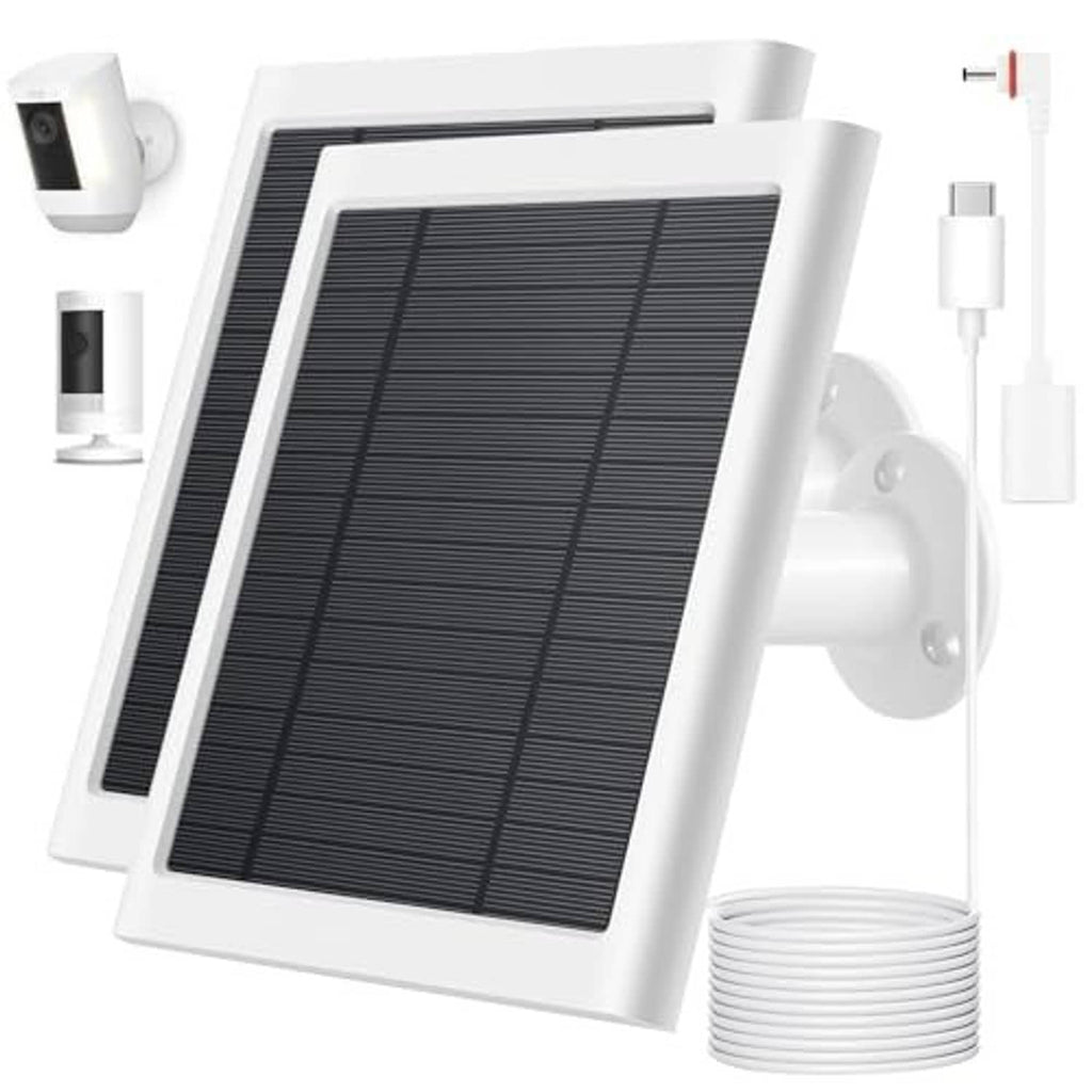 White solar panel charger with wall mount bracket and cable coil, close view