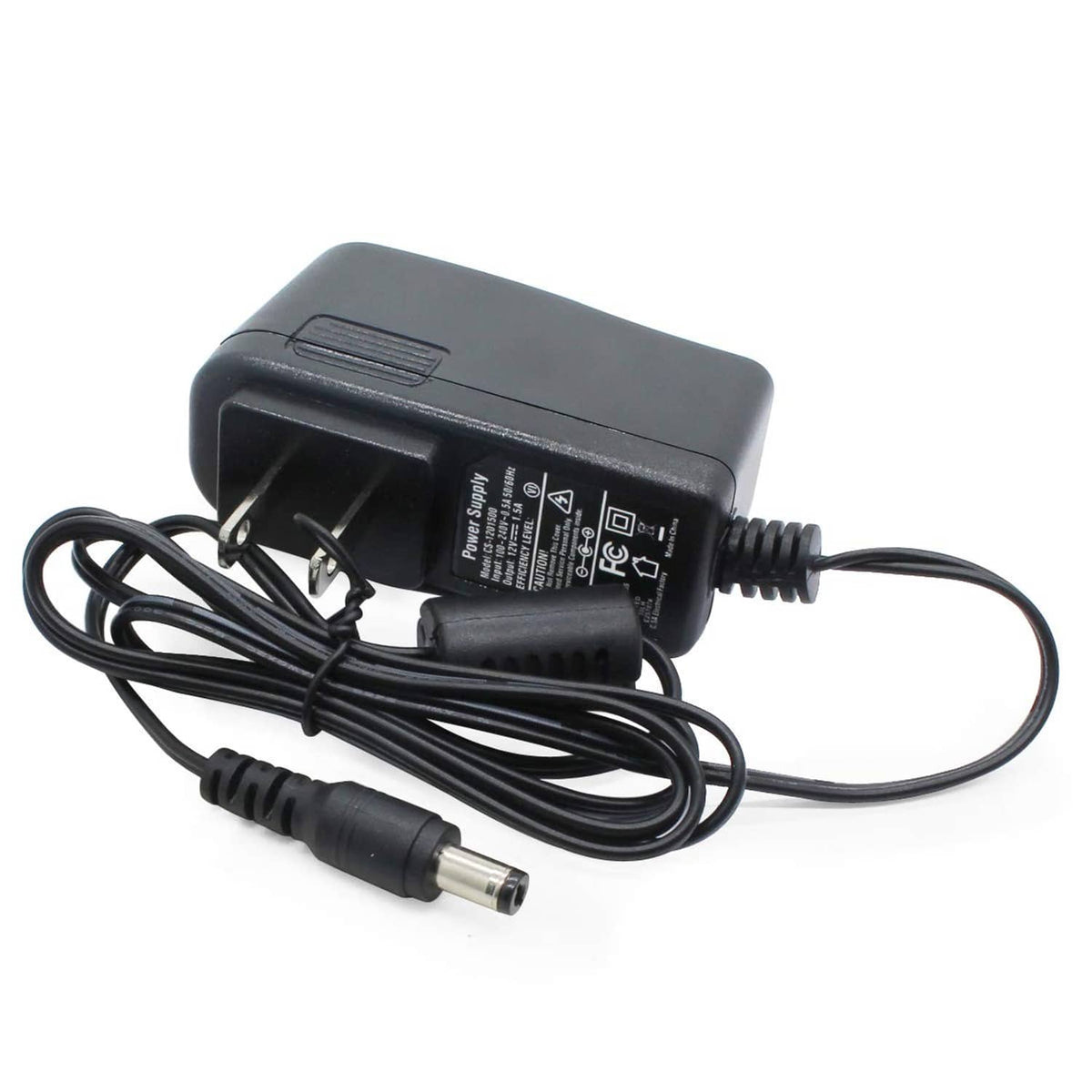 DC power supply adapter back view with AC prongs and 5.5x2.1mm DC barrel cable