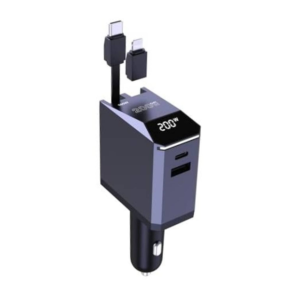 Retractable car charger with power display and two stacked USB ports, black and gray