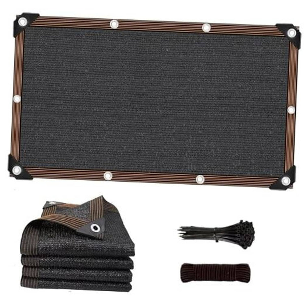 Black shade sail panel with metal grommets and brown reinforced edge straps