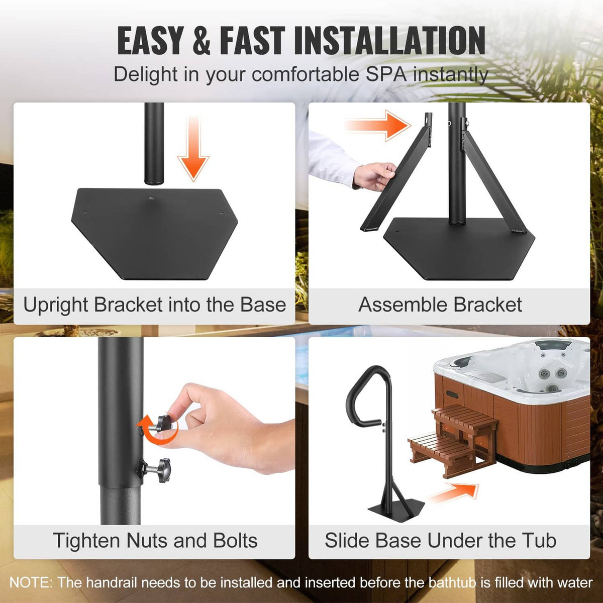 Hot tub handrail base and installation steps showing upright bracket and tightening